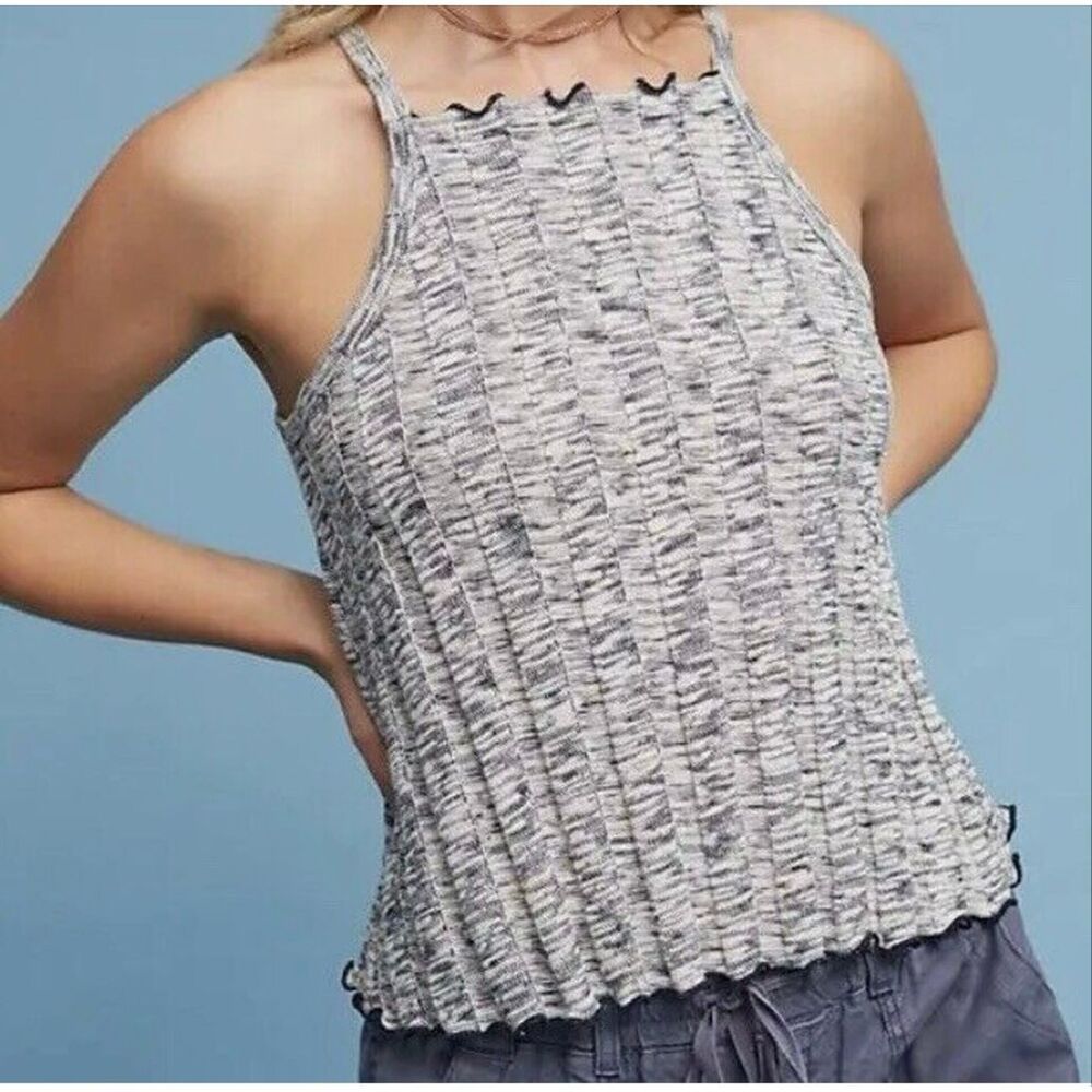 Anthropologie Akemi + Kin Top Large Blue White Marled Knit Sweater Tank Ruffle